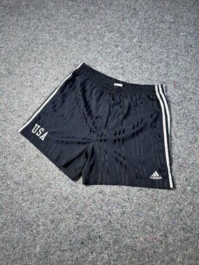 Adidas USA Vintage Soccer Shorts Sz L Black 3-Stripe Jacquard Striped Football